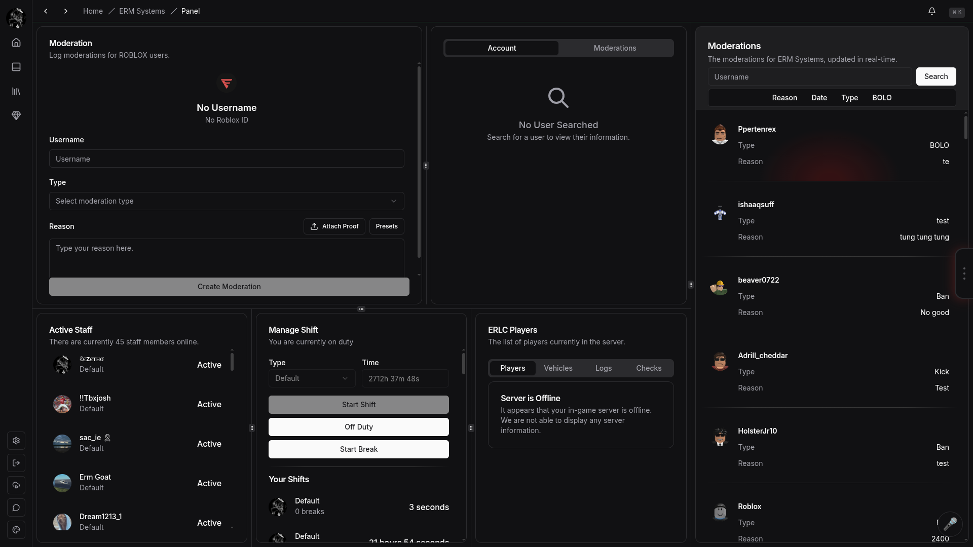 The ERM dashboard showing moderation, staff, and shift panels